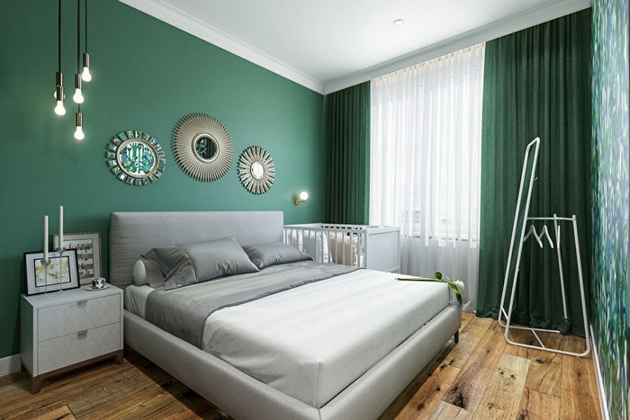 Дизайн интерьера спальни в зеленых тонах